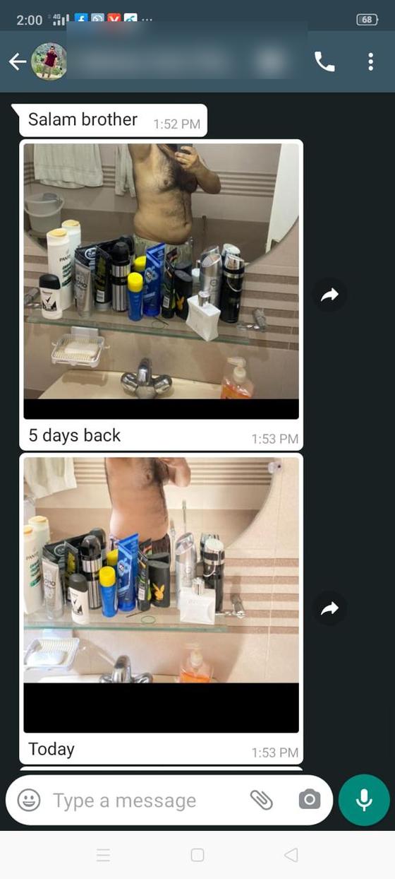 Client message and progress photos shared with permission