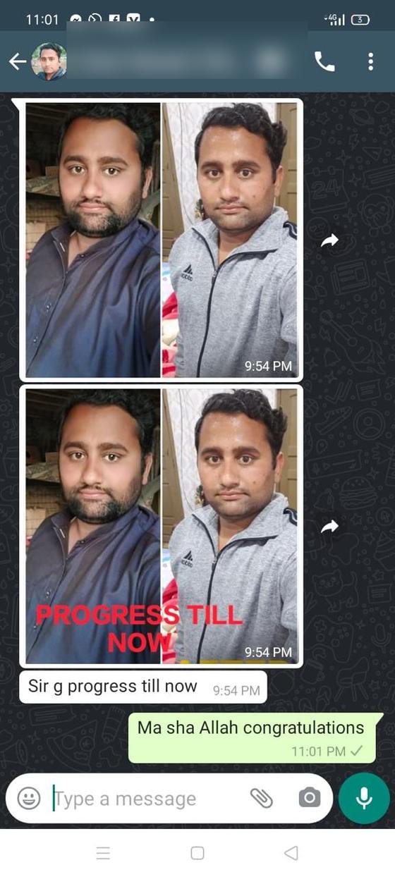 Client message and progress photos shared with permission