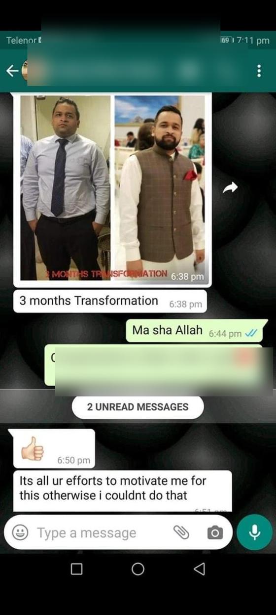 Client message and progress photos shared with permission