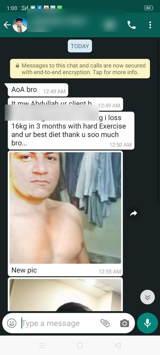 Client message and progress photos shared with permission