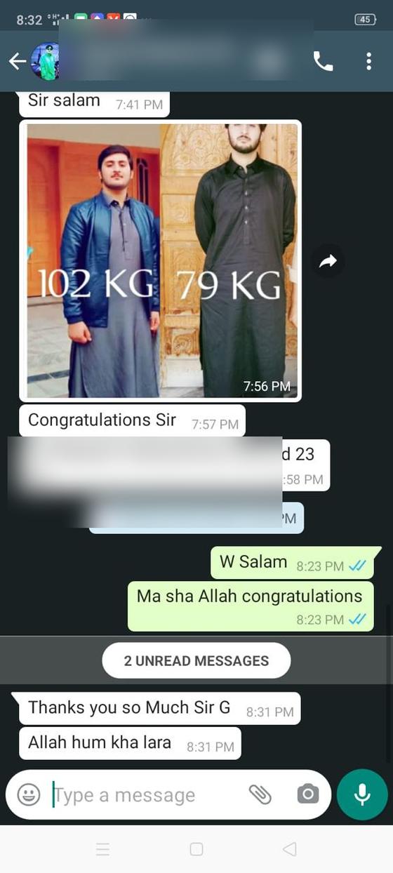 Client message and progress photos shared with permission