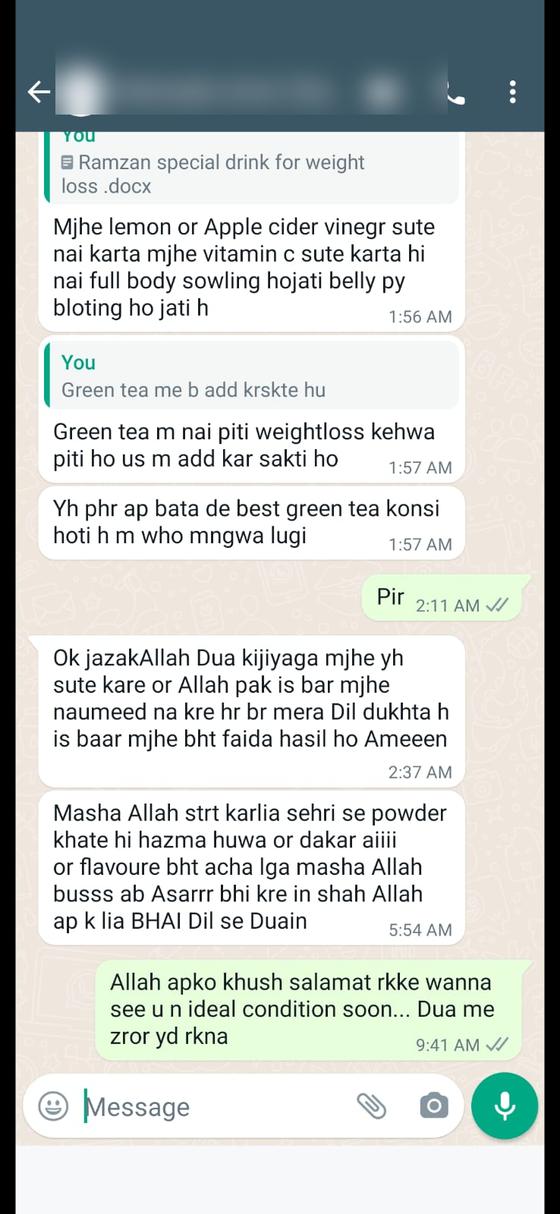 Client message and progress photos shared with permission